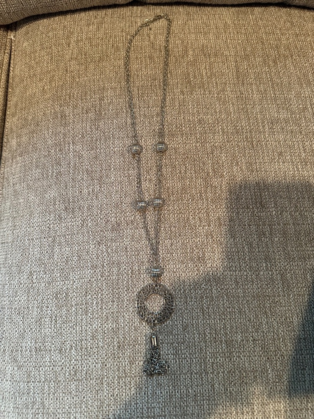 Long Silver-Tone Necklace With Circle Pendant and Fringe
